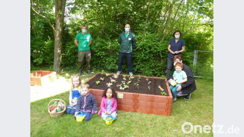 Nachwuchsgärtner und -pflänzchen gruppieren sich um und im neuen Hochbeet des Kindergartens. Bild: bk
