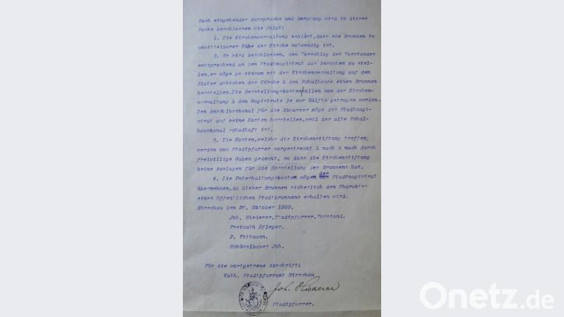 Schreiben der Kirchenverwaltung vom 27. Oktober 1909 an Magistrat der Stadt
wegen Errichtung eines Brunnens zwischen Pfarrkirche und Knabenschulhaus. Bild: u