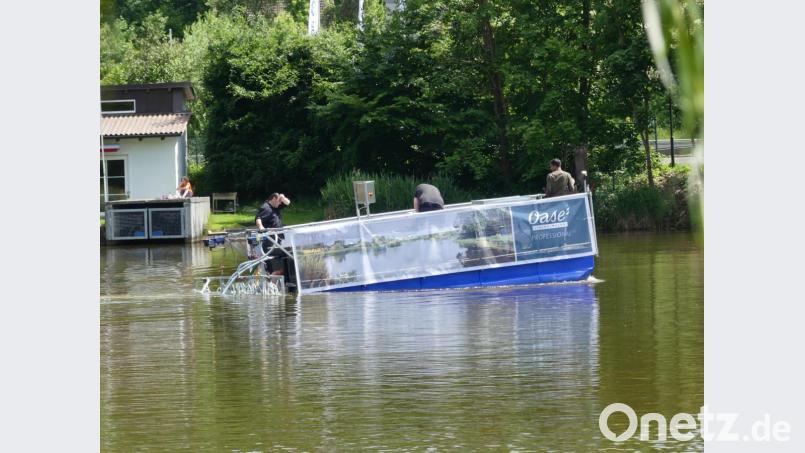 Die "Oase" bringt insgesamt neun Tonnen "Schlixx-Plus" in den Rußweiher ein. Bild: rn