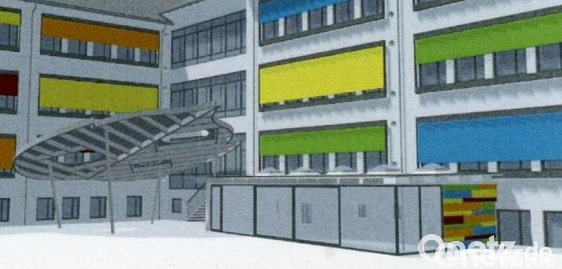 Ein Blick vom Pausenhof zum Schulgebäude. Das Besondere sind die farbigen Markisen, die die Fassade akzentuieren, sowie ein Glasanbau (unten rechts) für die neue Mensa und ein stilisiertes Lindenblatt aus Holz (Mitte) als Sonnenschutz. Grafik: exb/Konrad Kraus