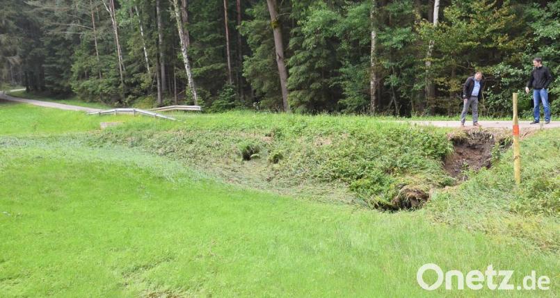 Ein Bild von der Zerstörungskraft machen sich Bauamtsleiter Christian Meier und Bürgermeister Markus Bauriedl (von rechts) an dem seit Wochenbeginn gesperrten Teufelssteg. Bild: fjo