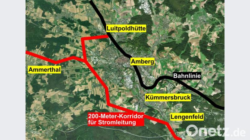 Ausschnitt aus den Planungen der Bahn: So soll die Stromleitung im Bereich von Amberg verlaufen. Grafik: Oberpfalz Medien/Maps4News