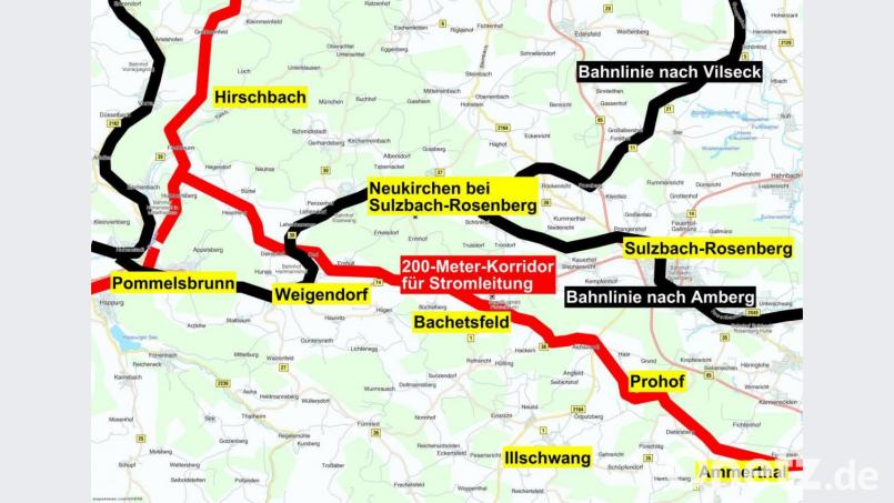 Ausschnitt aus den Planungen zur Elektrifizierung: So soll die Stromleitung im westlichen Landkreis Amberg-Sulzbach verlaufen. Bild: Grafik: Oberpfalz-Medien/Maps4News