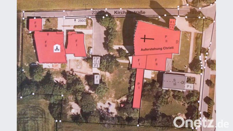 Flächenplan der Baumaßnahme Kinderkrippe mit Abriss der alten Kegelbahn (rot P I) und Erweiterung Richtung Westen. Repro: fsb