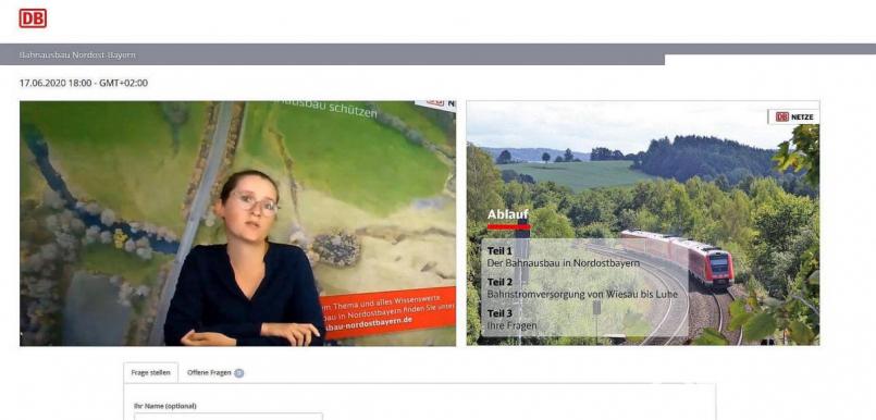 Die Online-Bürgerversammlung leitete Marion Fink von der Deutschen Bahn AG, die auch die Fragen an die Fachleute weitergab. Screenshot: wro