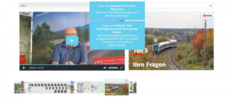 Corona-bedingt nur online: Die Bahn informiert über die Elektrifizierung der Bahnstrecke zwischen Wiesau und Luhe und beantwortet Fragen der Zuschauer. Bild: Eichl