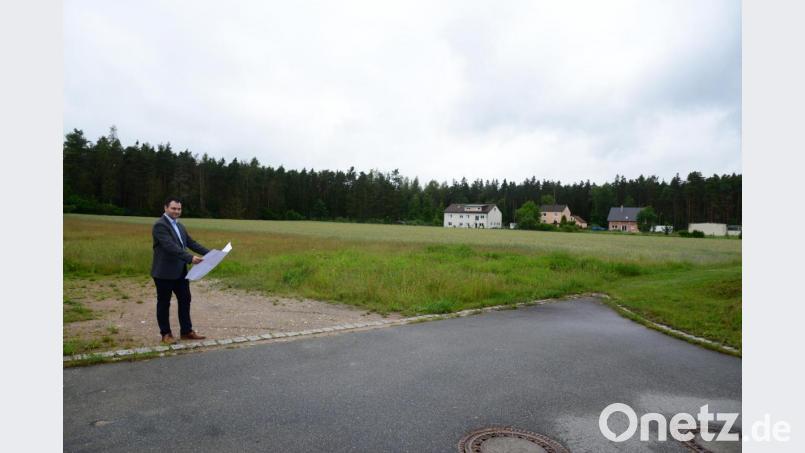 Bis nahe der Häuser (rechts), im Hintergrund bis zum Wald unter Berücksichtigung der Baumfallgrenze und im Vordergrund unmittelbar bis Bürgermeister Sebastian Hartl soll das neue Baugebiet &quot;Eschlingweiher II&quot; reichen. Zwischen 25 und 30 Parzellen, je nach Größe, könnten ausgewiesen werden. Bild: bey