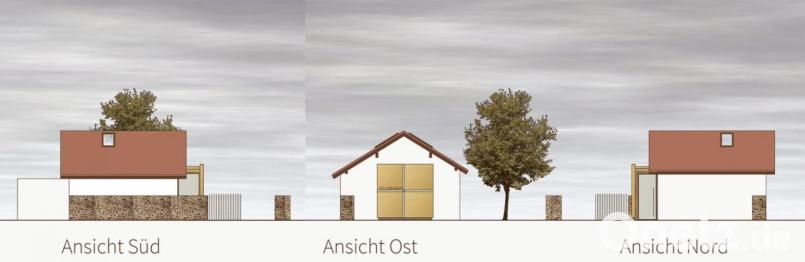 Die Außenansichten des künftigen Kolumbariums am unteren Friedhofseingang. Eine Besonderheit wird der Vorbau mit der auffälligen Verkleidung aus gefärbtem Edelstahl. Grafik: Markus Braun/exb