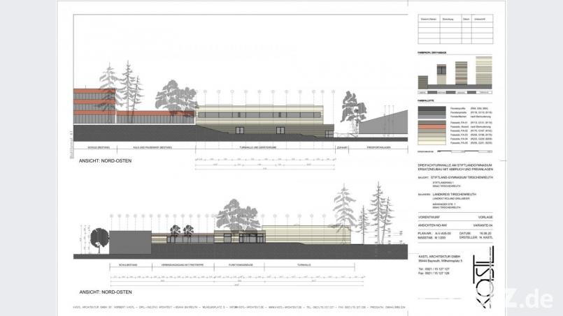 Hier zwei Ansichten der neuen Turnhalle. Bild: Plan: Architekturbüro Kastl