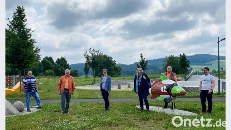 Regierungsbaudirektorin Regina Harrer (Dritte von rechts) zeigte sich erfreut über die Entwicklungen in Krummennaab. Beim Rundgang begleiteten sie Bauamtsleiter Gerhard Streibelt, Dritter Bürgermeister Reinhard Naber, Bürgermeisterin Marion Höcht, Zweiter. Bürgermeister Herbert Mattes und Gemeinderat Andreas Heinz (von links). Bild: nza