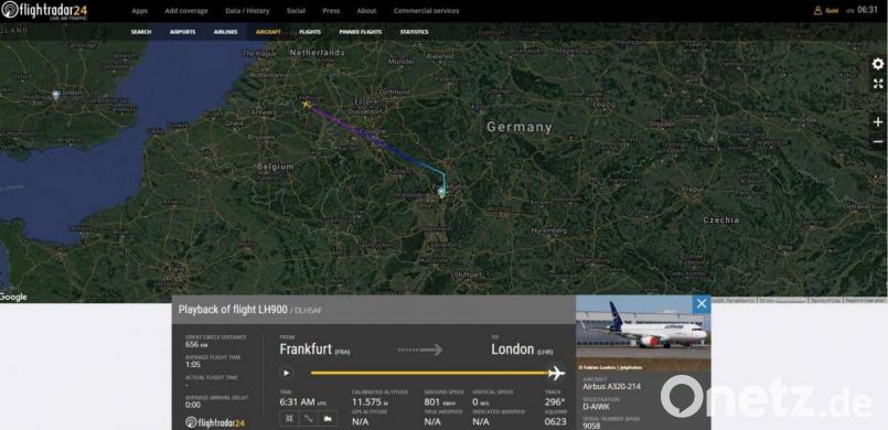 Der erste Linienflug nach fast 100 Tagen: Mit der Flugnummer LH900 nahm der Airbus A320-200 D-AIWK &quot;Weiden in der Oberpfalz&quot; am Donnerstagmorgen Kurs auf London-Heathrow, wie beim Trackingdienst Flightradar24 zu sehen ist. Screenshot: lnz