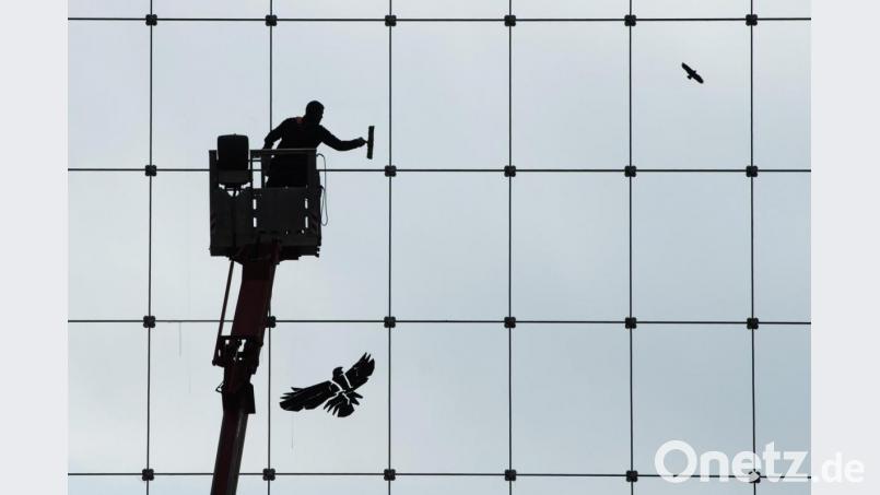 Die Erhöhung des Mindestlohns trifft viele Branchen: Hier putzt ein Gebäudereiniger eine gläserne Fassade. Symbolbild: Sebastian Kahnert/dpa