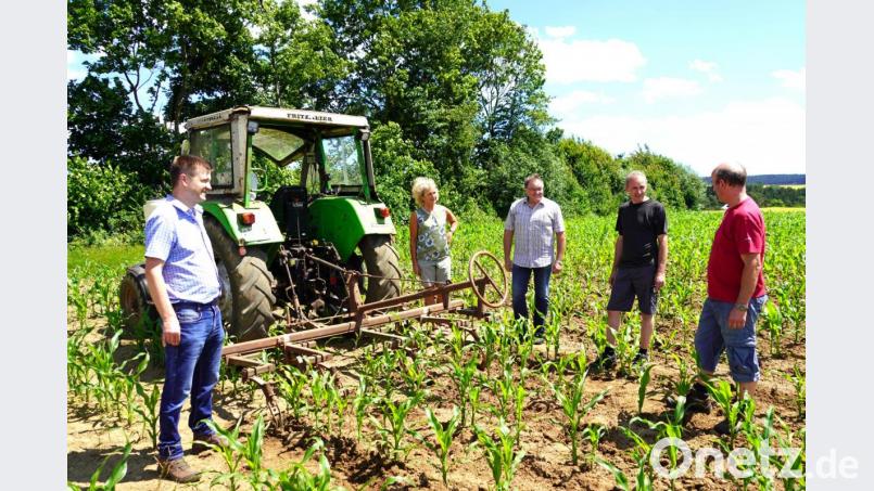 Wasserschutzberater Michael Lukas (links) referiert im Beisein von Christine Griesbach (Zweite von links) vom Sachgebiet Wasserschutz der Marktgemeinde über das Thema "Wasserschutz durch Untersaaten im Mais" Bild: fvo