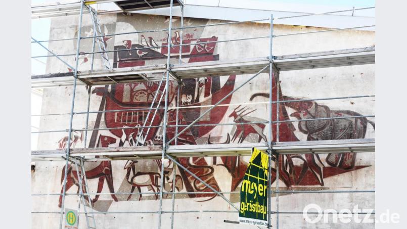 Noch ist die &quot;Arche Noah&quot; an der Fassade der Rehbühlschule hinter dem Gerüst zu sehen. Bald aber wird das Kunstwerk von 1959, das für wenige Monate wieder zum Vorschein gekommen ist, wieder hinter Wärmedämmung verschwinden. Bild: Gabi Schönberger