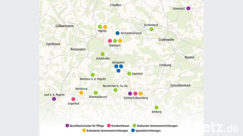 Die Standorte des Netzwerkes Pflege Mittelfranken-Oberpfalz. Grafik: nt/az