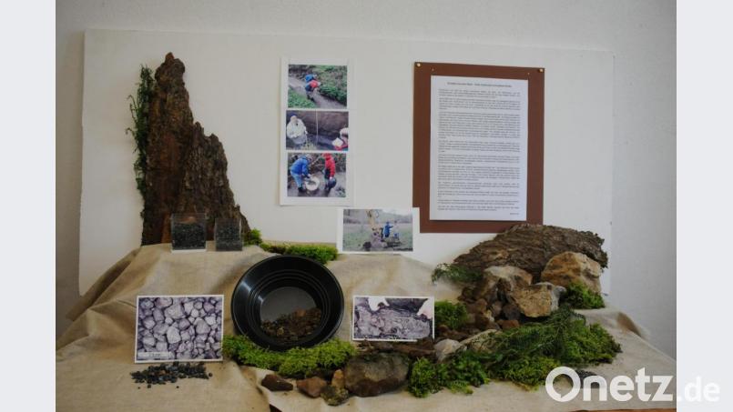 Die neue Ausstellung &quot;Schätze aus dem Bach - Gold, Karfunkel und seltene Erden&quot; ist in einem der Fenster des Pleysteiner Stadtmuseums zu sehen. Bild: tu