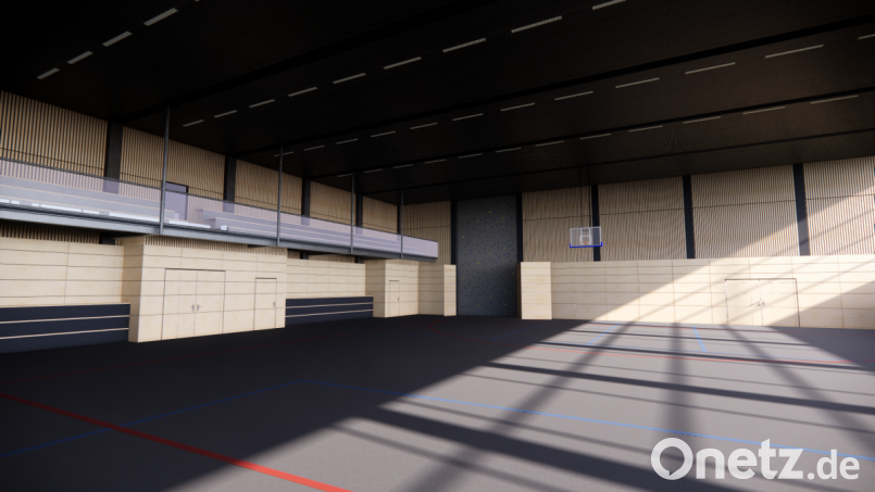 Mit dieser Visualisierung zeigt Architekt Reinhold Krausch dem Grafenwöhrer Stadtratsmitgliedern, wie die Stadthalle mit Galerie aussehen könnte. Die Kletterwand ist nicht mehr vorgesehen. Bild: m3plan/exb