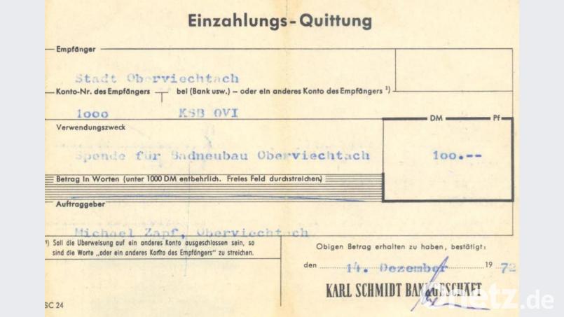 Der Beleg einer Spendeneinzahlung für den Badneubau (hier von Michael Zapf). Eine Bürgerinitiative trieb ab 1972 das Vorhaben kräftig an. Archivbild: weu