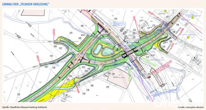 Diese aktuelle Skizze für den Umbau der „Teunzer Kreuzung“ zeigt, wie die Staatsstraße 2156 aus Richtung Nabburg (links unten) etwas nach Norden verlegt wird (gelb: bisherige Straße). Die Anbindung zur SAD 42 nach Teunz (rechts) erfolgt mittels Brücke (Bildmitte) über die Bundesstraße 22. Die Regenrückhaltebecken sind blau eingezeichnet. Grafik: Staatliches Bauamt Amberg-Sulzbach