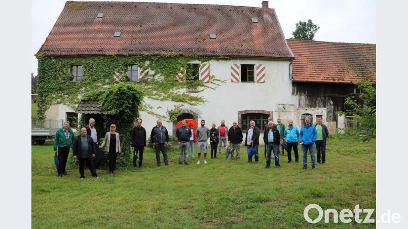 Einblicke in seine Pläne mit dem Weißenberger Schloss gewährt Volker Noffke (Sechster von links) dem Gemeinderat Edelsfeld mit Bürgermeister Hans-Jürgen Strehl (Fünfter von links) und Bürgern aus dem Ort. Bild: gru