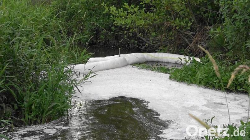 In der Waldnaab beim Fischhofpark Tirschenreuth brachte die Feuerwehr Tirschenreuth übers Wochenende eine Ölsperre ein. Bei einem Bagger platze ein Hydraulikschlauch und Öl geriet in das Gewässer. Bild: nic