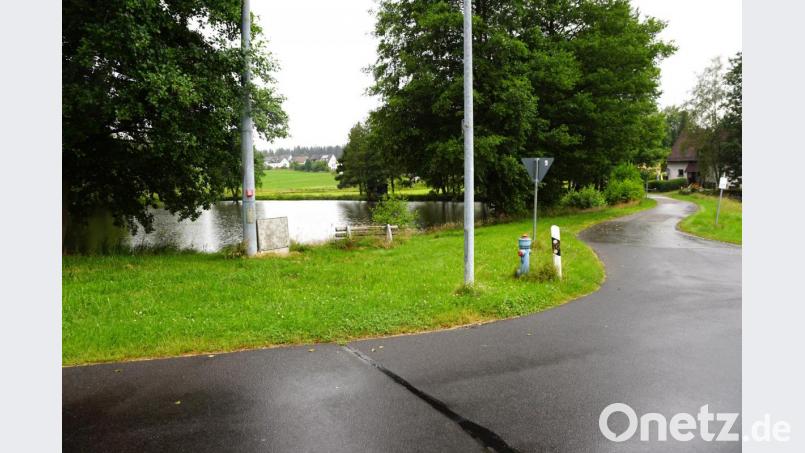 Nicht ins Sanierungskonzept fällt die Kanalisation der Straße „Am Weiher“, die rechts am Teich vorbeiführt. Wasserrechtlich muss noch geklärt werden, ob Regenwasser in den Mühlteich geleitet werden darf. Bild: bkr