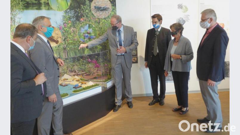 Wissenschaftlicher Leiter Frank Holzförster (Dritter von links) führt an einem Diorama alle Stufen der Sandgewinnung und -verarbeitung vor. Bild: fsb