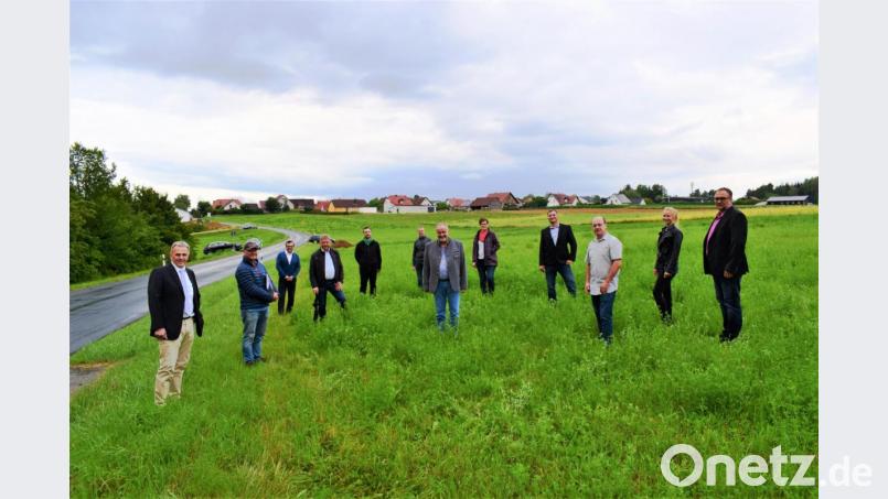 Ammerthals Bürgermeister Anton Peter hat sich mit Gemeinderäten auf jener Fläche getroffen, über die möglicherweise eine Stromtrasse der Bahn verlaufen könnte. Bild: oe