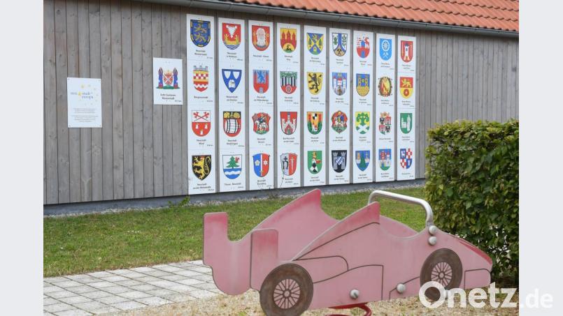 An der Holzwand beim ehemaligen Scherm-Anwesen prangen die Wappen der meisten Neustädte, die bei der Arbeitsgemeinschaft Neustadt in Europa Mitglied sind. Bild: Gabi Schönberger