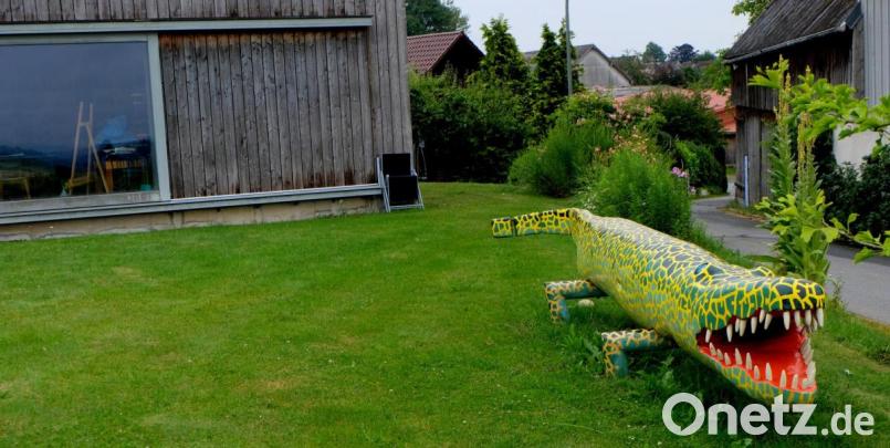 Kunsterzieher Werner Fritz hat sich in den vergangenen Tagen viel Arbeit mit dem Neuanstrich des Alligators, dem Wahrzeichen der Kulturwerkstatt Kalmreuth, gemacht. Bild: le