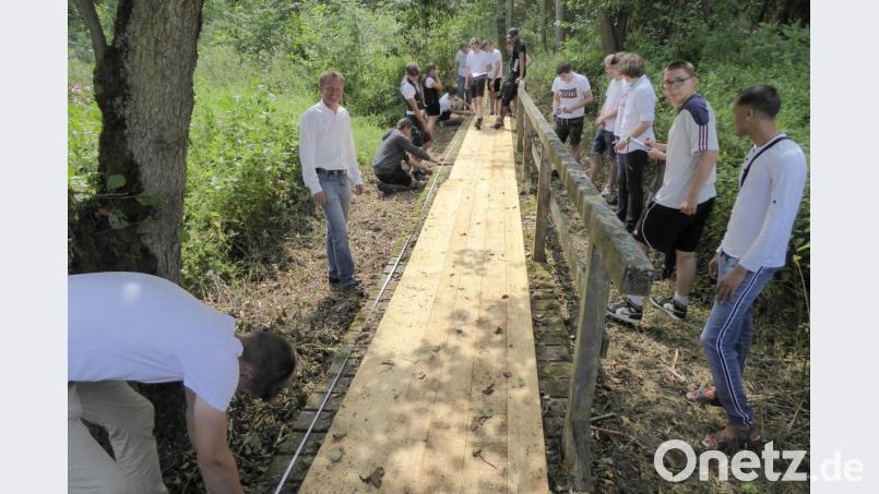 Die Schreinerlehrlinge mit ihrem Lehrer Manfred Häring (stehend links) beim Vermessen des Holzsteges durch ein häufig versumpftes Gebiet. Bild: fsb