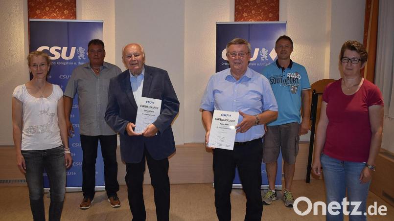 Jubilarehrung bei der CSU Königstein-Hirschbach (von links): Vorstandsmitglied Ariane Raap, Vorsitzender Roland Sollner, die Jubilare Gerhard Seitz und Hans Koch, die Vorstandsmitglieder Thomas Kogelbauer und Andreas Spieß. Bild: sck