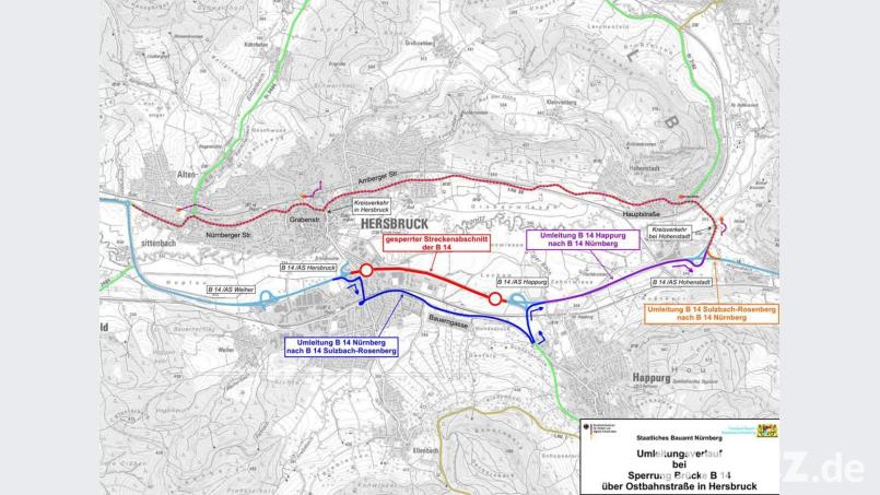 Die Karte zeigt den Verlauf der Umleitungen rund um Hersbruck. Grafik: Maier, Christian (StBA Nürnberg)