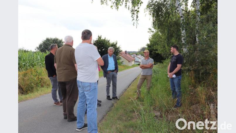 Die Mitglieder des Bauausschusses begutachten hier die bisherigen Vorkehrungen am Ortseingang von Beidl aus Richtung Schönthan. Hier sollen vorbeugend weitere Maßnahmen ergriffen werden, um Überschwemmungen und stark verschmutzte Straßen nach starkem Regen zu verhindern. Bild: flt