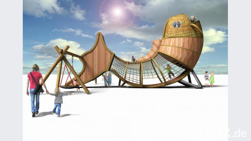 Der &quot;Eixi&quot;, der sieben Meter hohe Holzkarpfen, wird die Hauptattraktion des Fischerlebnisparks in Gütenland sein. Grafik: Inmotion Park GmbH