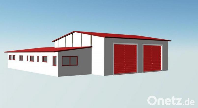 Die Grafik zeigt, wie das neue Feuerwehrhaus in Pleußen nach der Fertigstellung aussehen soll. Die Längsseite (links) verläuft parallel zur Ortsstraße im oberen Dorf. Geschaffen wird eine große Einfahrt, rechts von der Fahrzeughalle mit zwei Toren wird ein Parkplatz für die Mitglieder entstehen. Grafik: HW Bau GmbH/exb