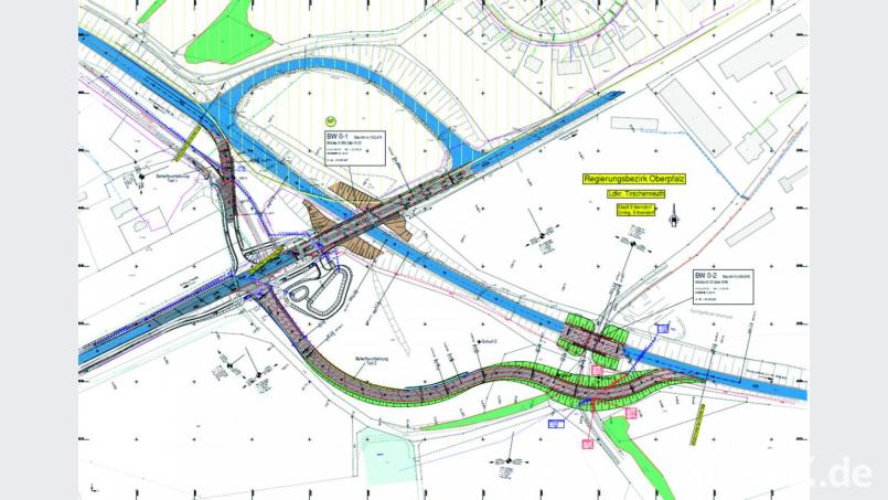 Westlich der B22 soll eine Behelfsumfahrung (braun) in der Zeit des Brückenbaus den Verkehr aufnehmen. Repro: njn