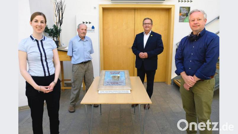 Museumsleiterin Julia Riß (von links), Künstler Walter Heiter, Bürgermeister Martin Preuß und Kulturreferent Fabian Kern mit dem Bild, das von nun an zum Bestand des Stadtmuseums zählt. Bild: Susanne Schwab, Stadt Amberg/exb