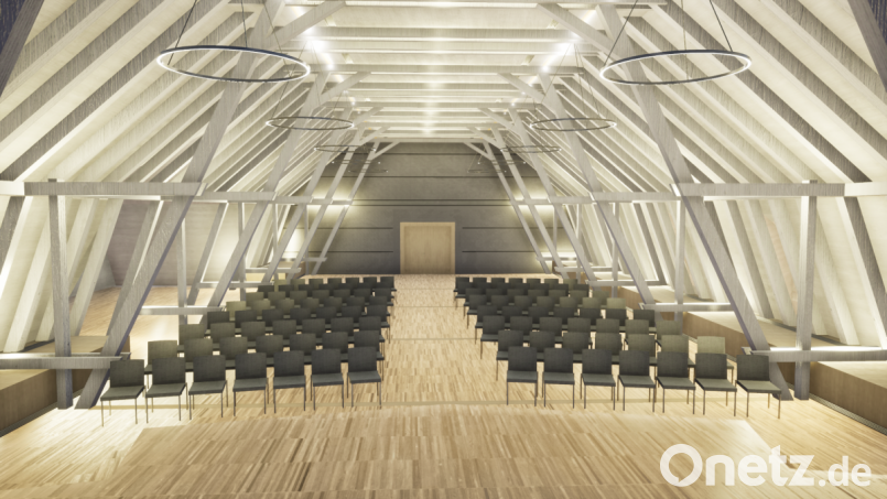 Ziel der Neugestaltung des Großen Saales im Kulturschloss Theuern, wozu auch ein modernes Farbkonzept gehört, ist eine Steigerung der Attraktivität als Veranstaltungsort für vielfältige Nutzergruppen. Bild: H + F Architekten, Amberg