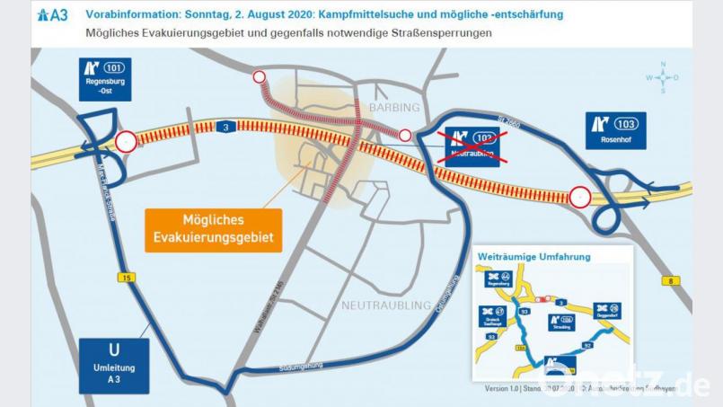 Wegen der Suche nach Blindgängern aus dem Zweiten Weltkrieg kann es am Sonntag, 2. August, bei Regensburg zu Straßensperrungen kommen. Bild: Polizei
