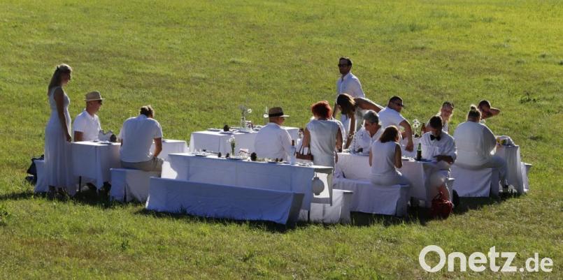 Mitten im Grünen: In edlem Weiß festlich gedeckte Tisch. Ebenso sind die Teilnehmer des 1. White Diner Sulzbach-Rosenberg ganz in Weiß gekleidet. Bild: mfh