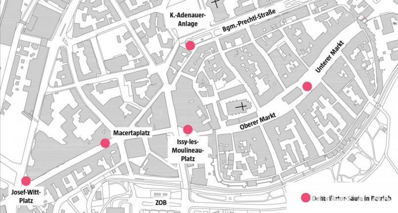 Die Standorte der Defibrillator-Säulen in der Weidener Innenstadt. Grafik: Stadt Weiden