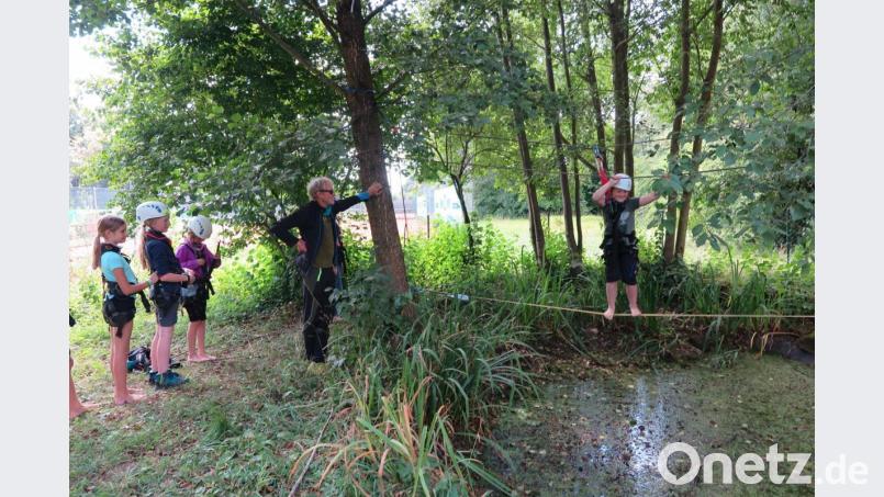 „Nur Mut“, rief Betreuer Michael Wagner seinen Schützlingen beim Überqueren der Seilbrücke über den Teich zu. Bild: jzk