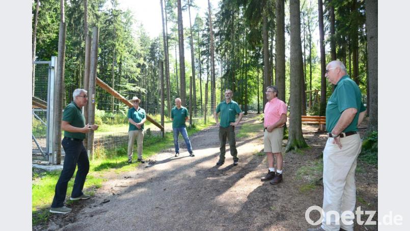 Staatsforsten-Chef Reinhard Neft (von links), stellvertretender Forstbetriebsleiter Ingo Greim, Teamleiter Markus Kraus, Revierleiter Rudolf Stadler und Forstbetriebsleiter Stefan Bösl sowie Bürgermeister Reiner Gäbl loben bei der Besichtigung des umgebauten Wildgeheges die "hervorragende Zusammenarbeit" der Beteiligten. Bild: bey