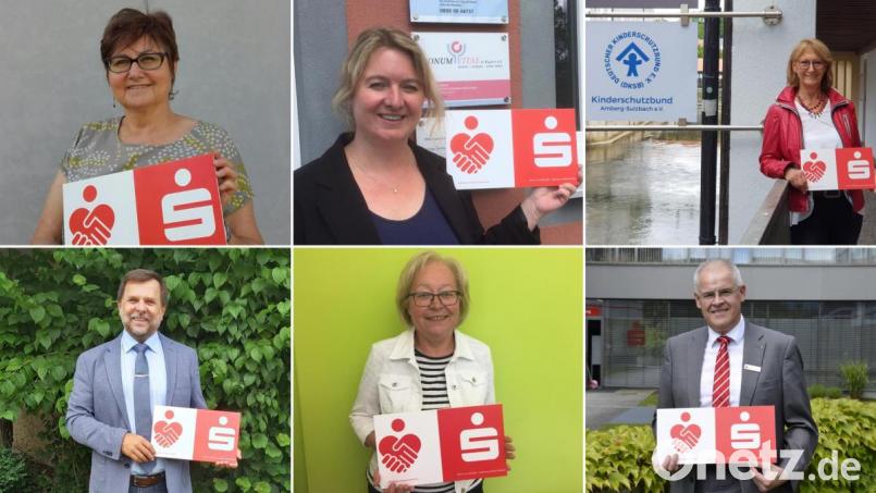 Die Spendenempfänger (oben, von links): Gertrud Strauß von der Diakonie Sulzbach-Rosenberg, Stephanie Bogner von Donum Vitae, und Brigitte Breitfelder vom Kinderschutzbund. Und (unten, von links) Günter Koller von Caritas Amberg, Marianne Gutwein vom Sozialdienst katholischer Frauen sowie Sparkassen-Vorstandsmitglied Alexander Düssil. Bild: Kathrin Schmidt
