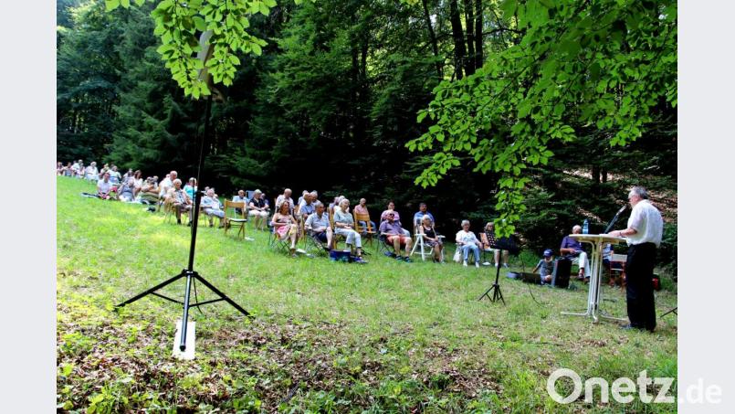 Die Einhaltung der Abstandsregeln wegen Corona bewirkte, dass sich die Sitzgelegenheiten der Zuhörer hoch hinauf in der Lichtung erstreckten. Bild: ds