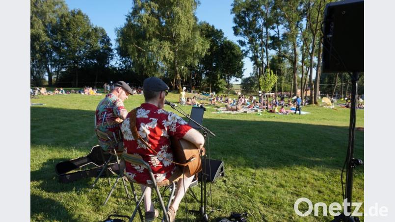Die Musik von Hermann (links) und Kevin (rechts) lockt viele Gäste zum Sommerpicknick des LSL ins Schönseer Moorbad Bild: eib