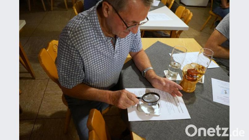 Josef Ernst brachte auch tote Varroamilben mit. 1,1 Millimeter sind sie lang und 1,6 Millimeter breit. Sie sind rot, haben sechs Beine und zwei Saugrüssel. Um die kleinen Parasiten zu erkennen, braucht es eine Lupe - wie hier im Bild angewendet von Alois Bayer aus Kemnath. Bild: bkr