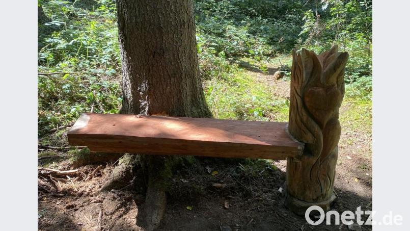 Carving-Künstler Karl-Heinz Stoiber, ein Künstler, der mit der Motorsäge arbeitet, hat im Wald bei Gailoh eine besonders kunstvolle Bank geschaffen. Die ist jetzt von einem Unbekannten zerstört worden. Bild: Polizei Amberg