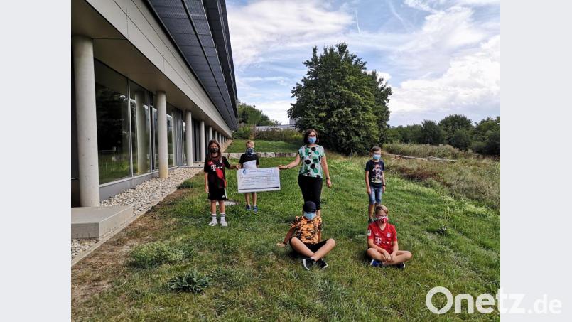 Die Kommunionkinder aus Utzenhofen übergeben eine Spende für die Kinderkrebshilfe VKKK (Verein zur Förderung krebskranker und körperbehinderter Kinder Ostbayern). Bild: aun